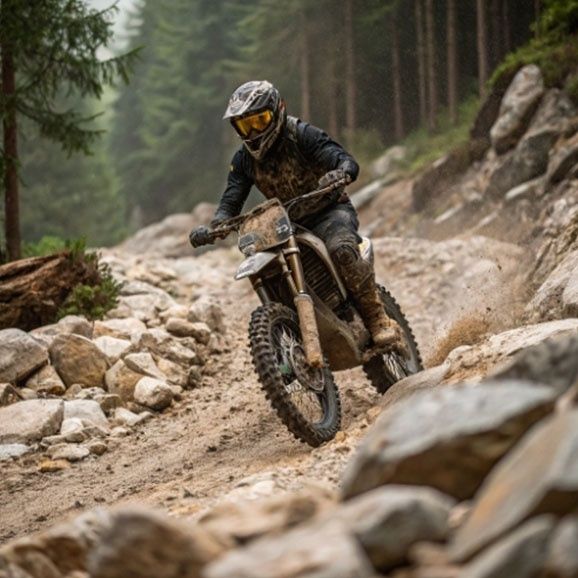 Endurokuljettaja ajaa moottoripyörällä kivikkoista metsäpolkua